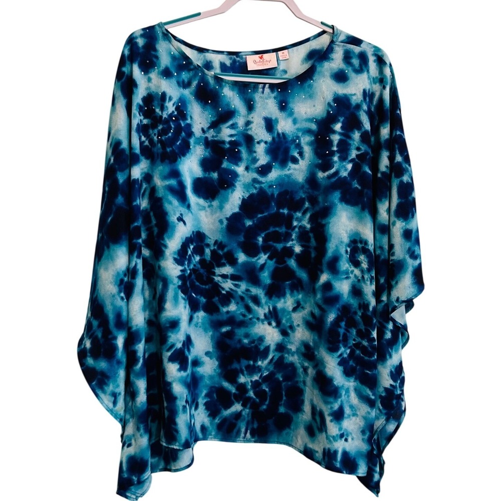 Quacker Factory Womens Size 1X Blue Tie Dye Rhinestone Embellished Kaftan Top